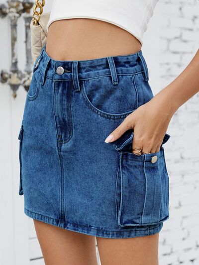 Cargo Denim Skirt – High-Waisted Jean Skirt with Utility Pockets, [Evelyns Fashion]