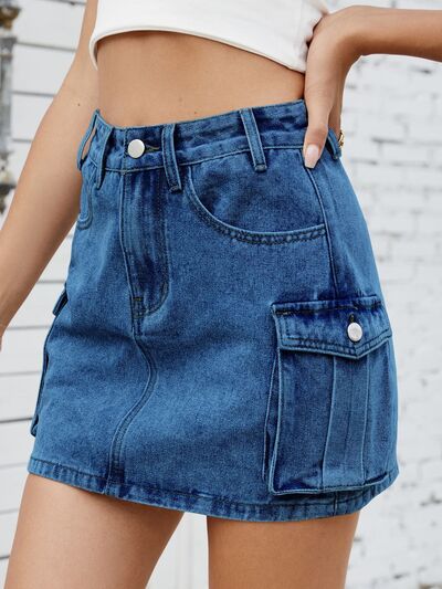 Cargo Denim Skirt – High-Waisted Jean Skirt with Utility Pockets, [Evelyns Fashion]