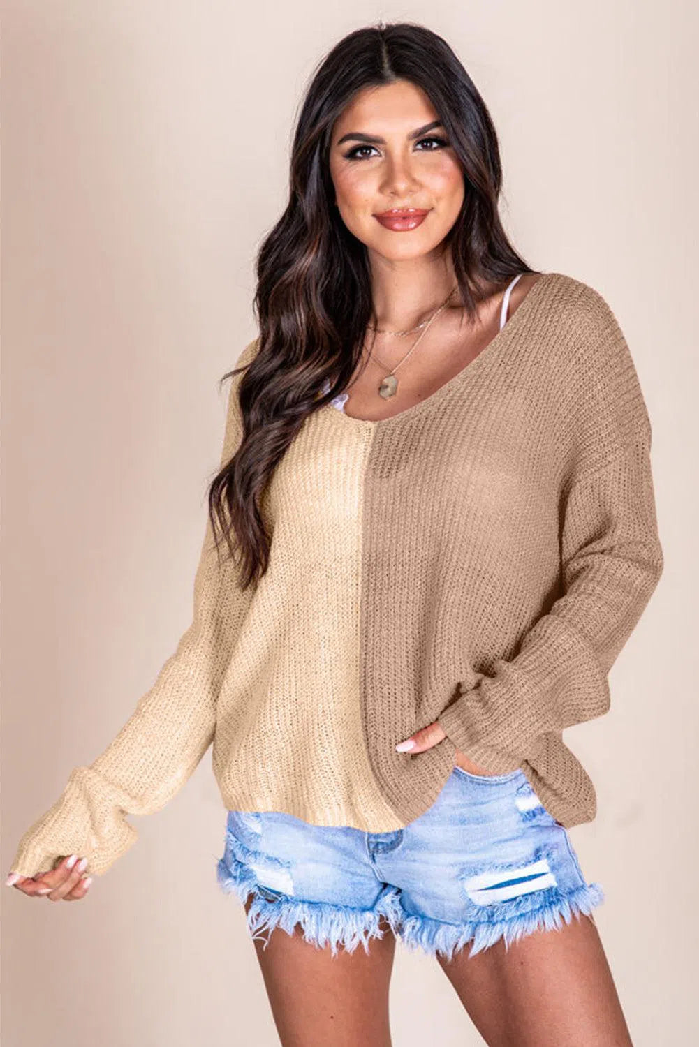 Stylish Contrast V-Neck Pullover – Chic & Comfortable Knitwear, [Evelyns Fashion]