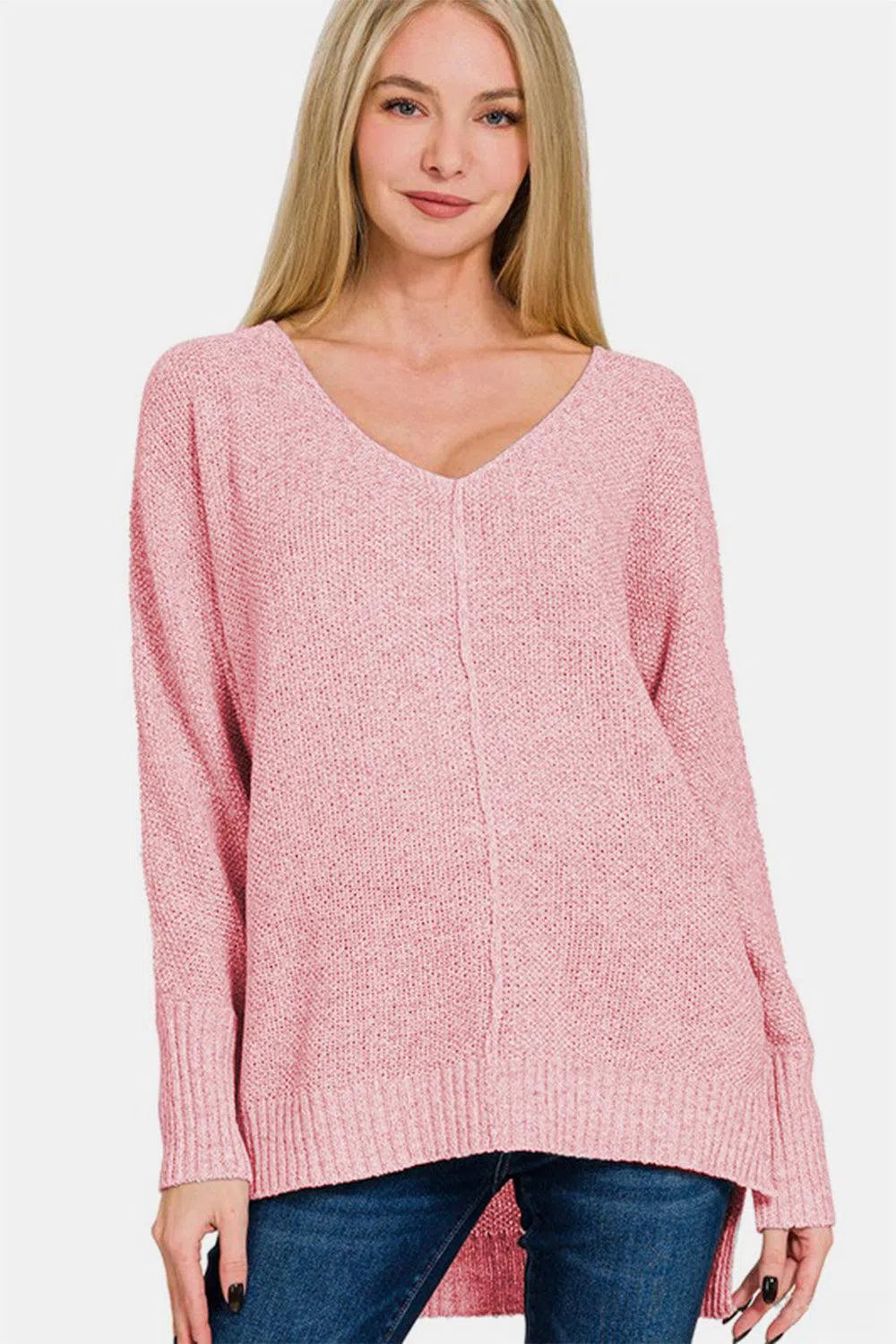 Zenana High-Low V-Neck Sweater – Stylish & Comfortable Knitwear, [Evelyns Fashion]