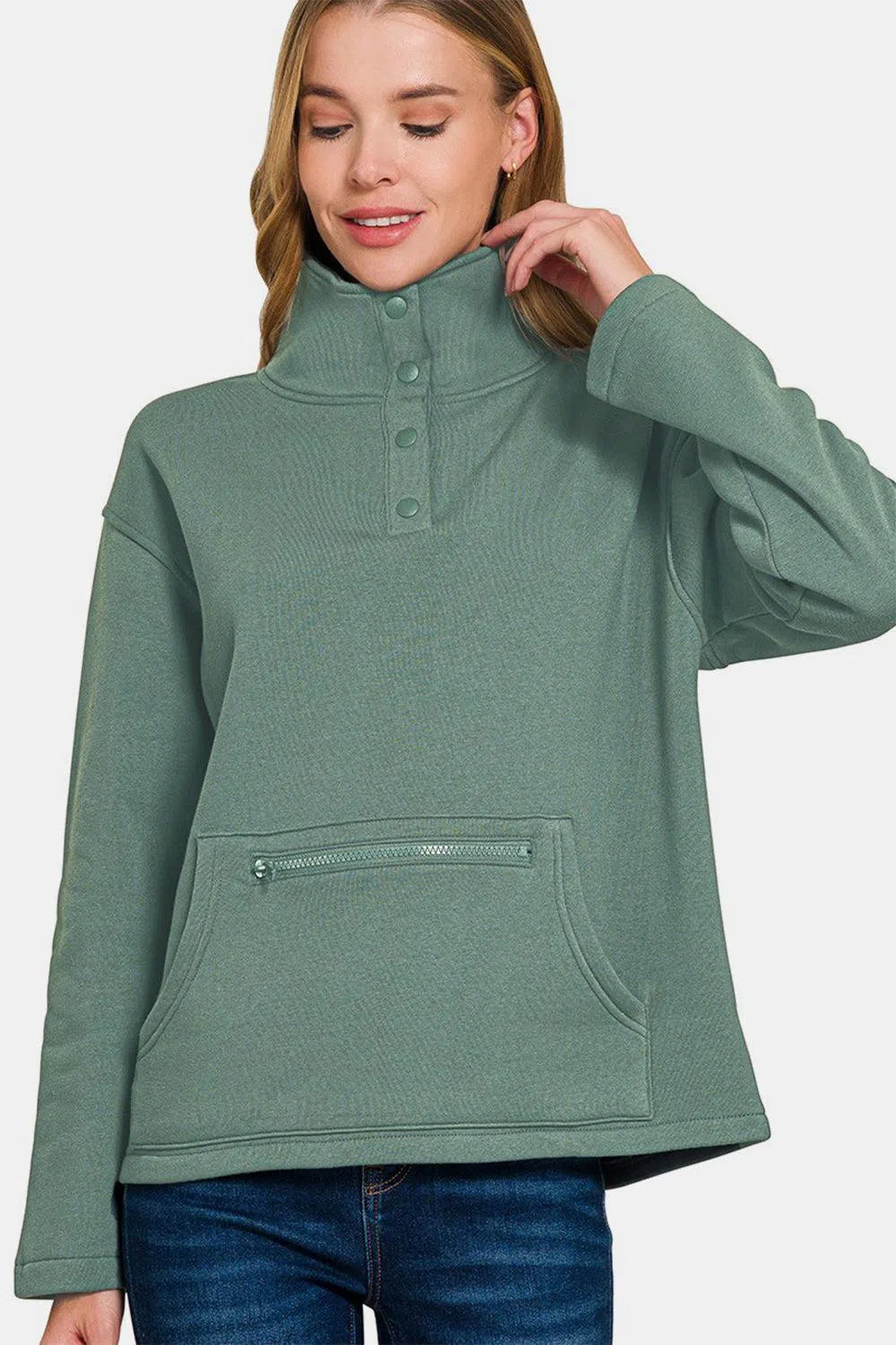 Zenana Turtleneck Half Snap Fleece Sweatshirt – Cozy & Stylish, [Evelyns Fashion]