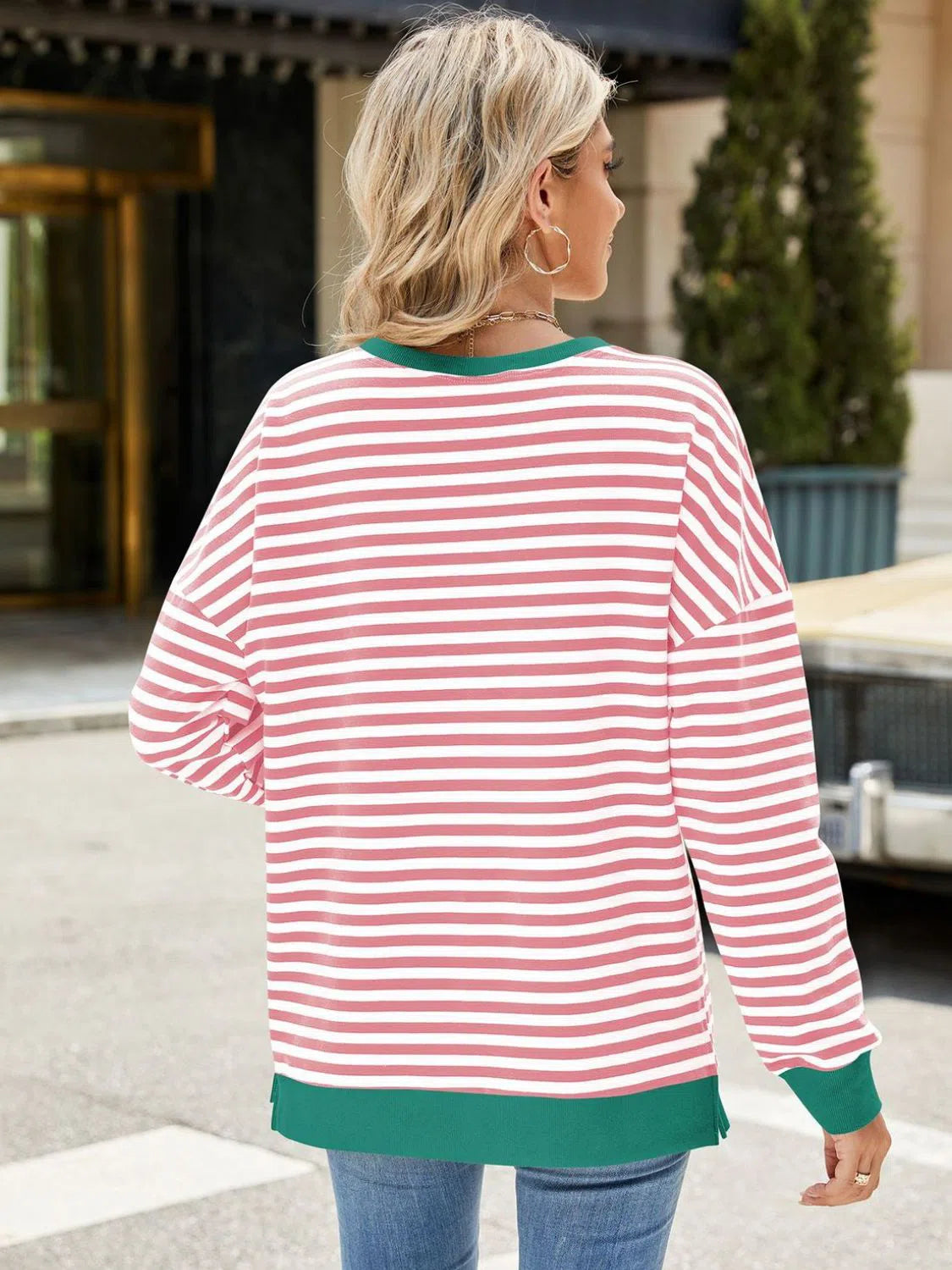 Slit Striped Round Neck Sweatshirt – Stylish & Comfortable, [Evelyns Fashion]