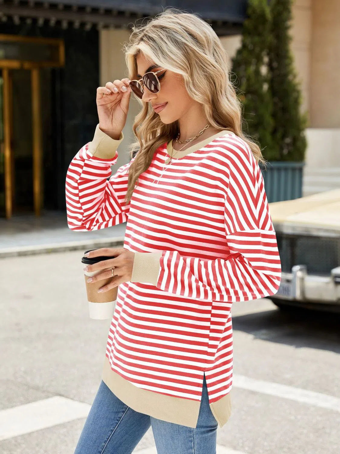 Slit Striped Round Neck Sweatshirt – Stylish & Comfortable, [Evelyns Fashion]