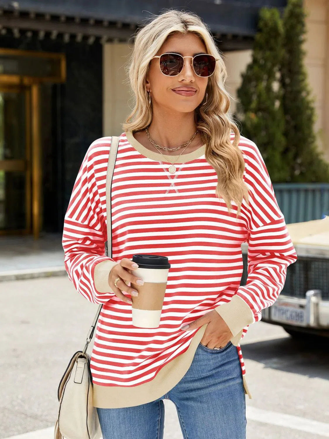 Slit Striped Round Neck Sweatshirt – Stylish & Comfortable, [Evelyns Fashion]