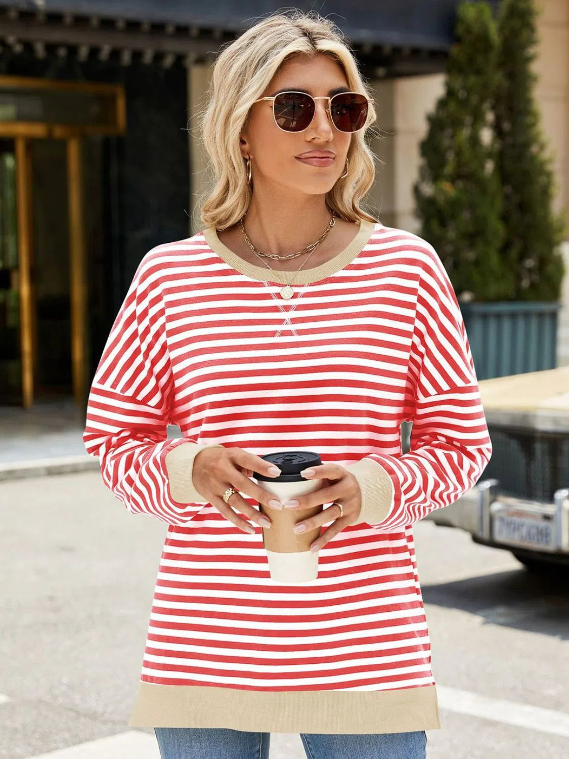 Slit Striped Round Neck Sweatshirt – Stylish & Comfortable, [Evelyns Fashion]