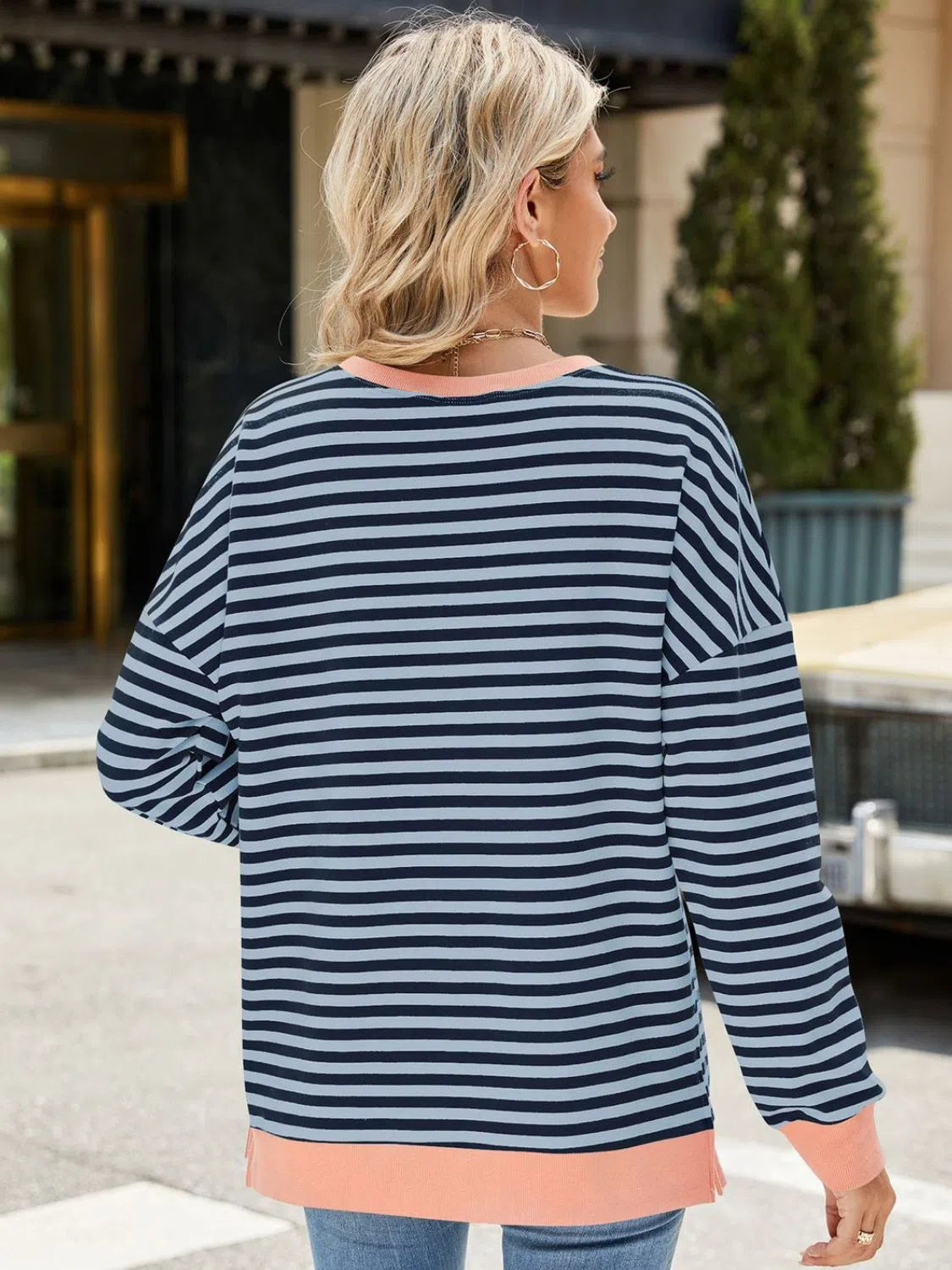 Slit Striped Round Neck Sweatshirt – Stylish & Comfortable, [Evelyns Fashion]