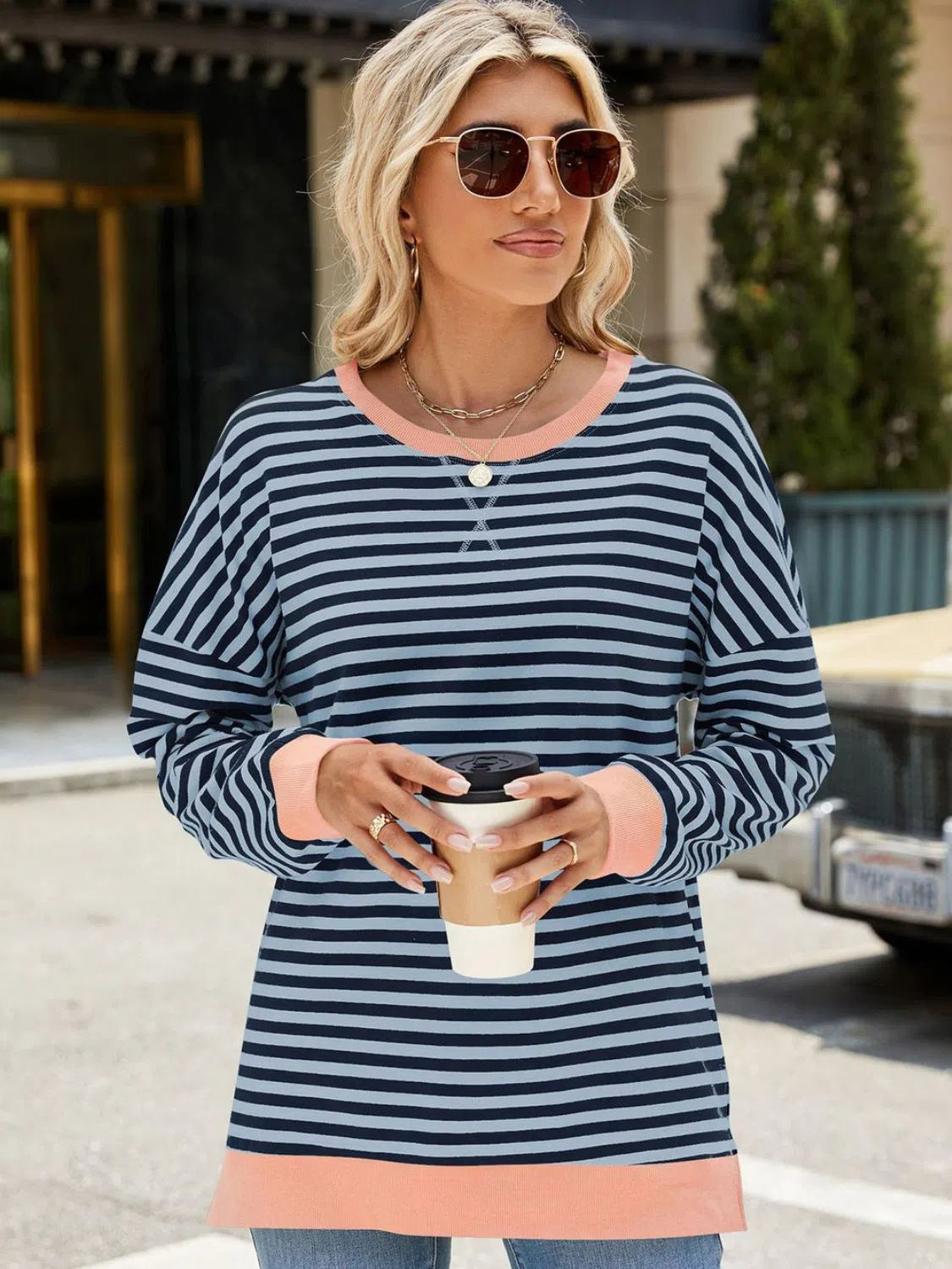 Slit Striped Round Neck Sweatshirt – Stylish & Comfortable, [Evelyns Fashion]