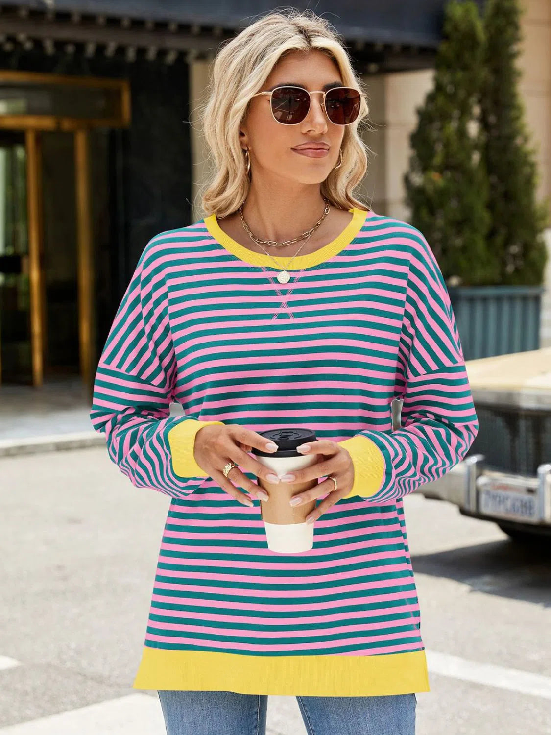 Slit Striped Round Neck Sweatshirt – Stylish & Comfortable, [Evelyns Fashion]