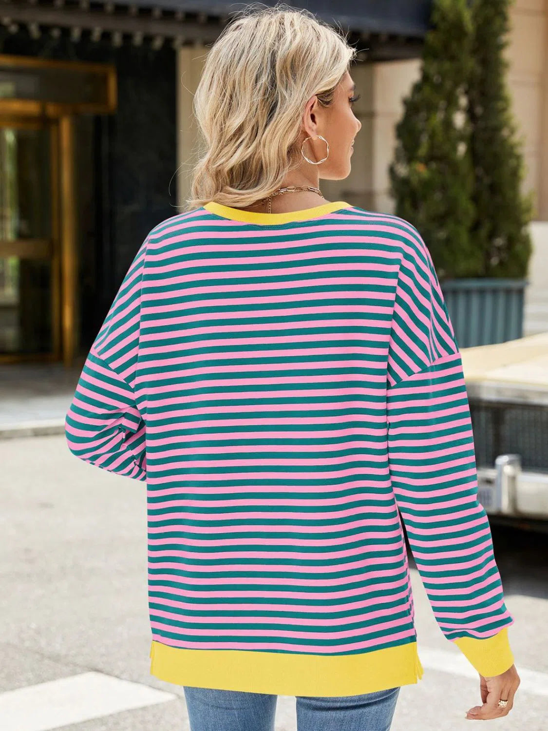 Slit Striped Round Neck Sweatshirt – Stylish & Comfortable, [Evelyns Fashion]