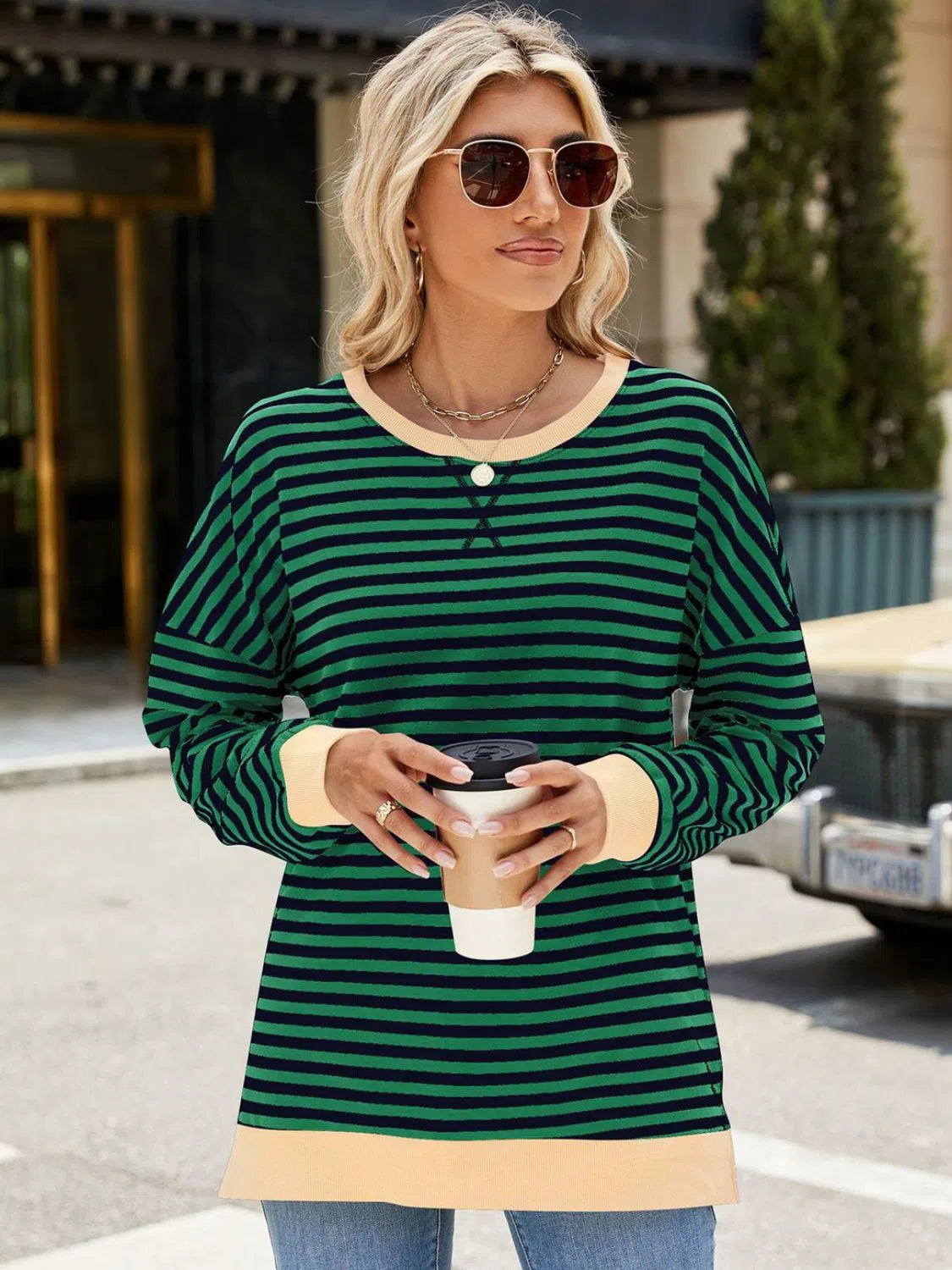 Slit Striped Round Neck Sweatshirt – Stylish & Comfortable, [Evelyns Fashion]