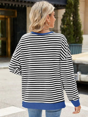 Slit Striped Round Neck Sweatshirt – Stylish & Comfortable, [Evelyns Fashion]