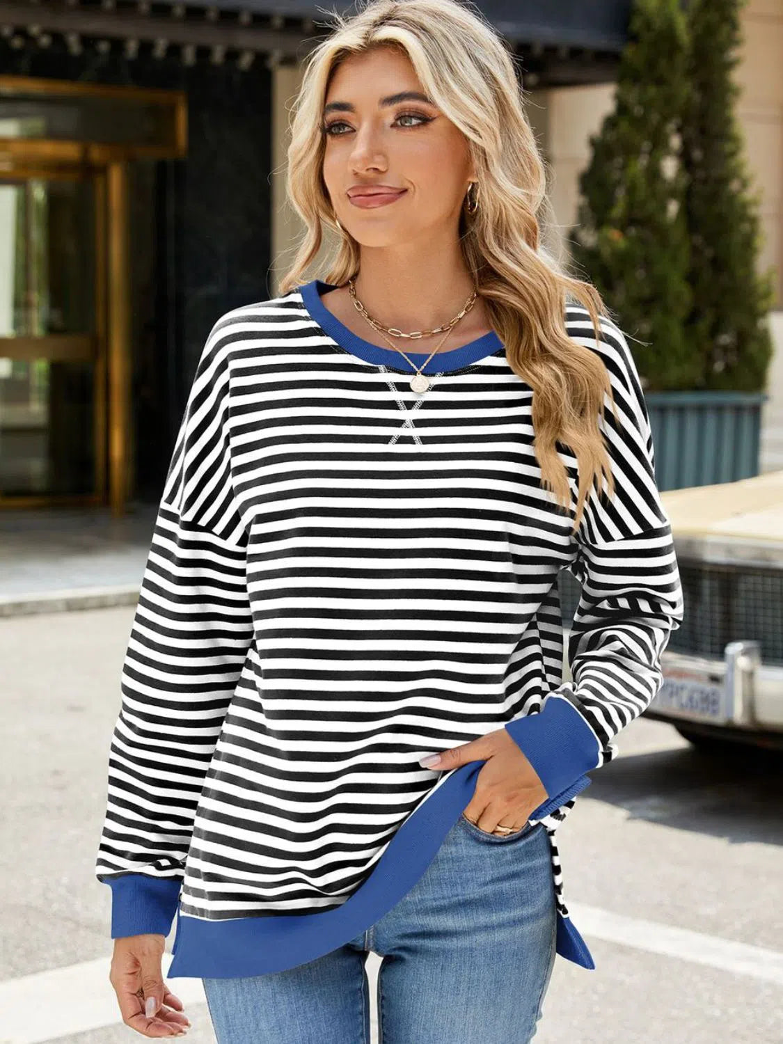 Slit Striped Round Neck Sweatshirt – Stylish & Comfortable, [Evelyns Fashion]