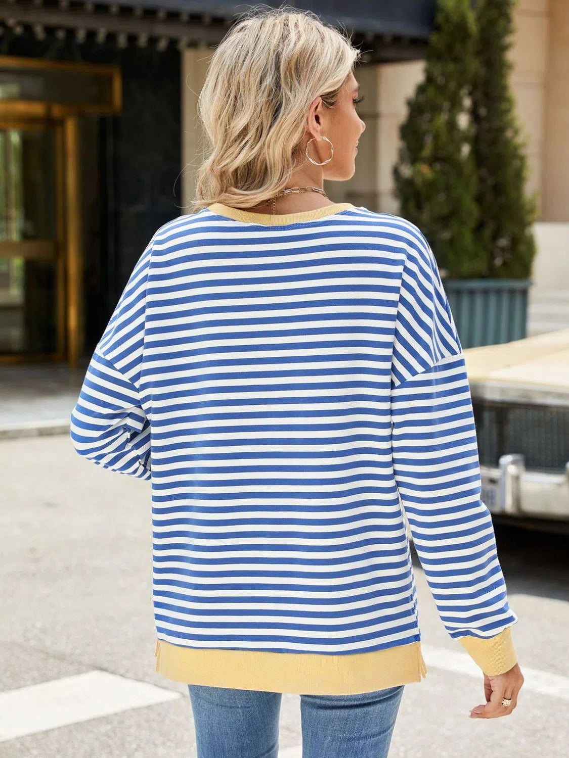 Slit Striped Round Neck Sweatshirt – Stylish & Comfortable, [Evelyns Fashion]