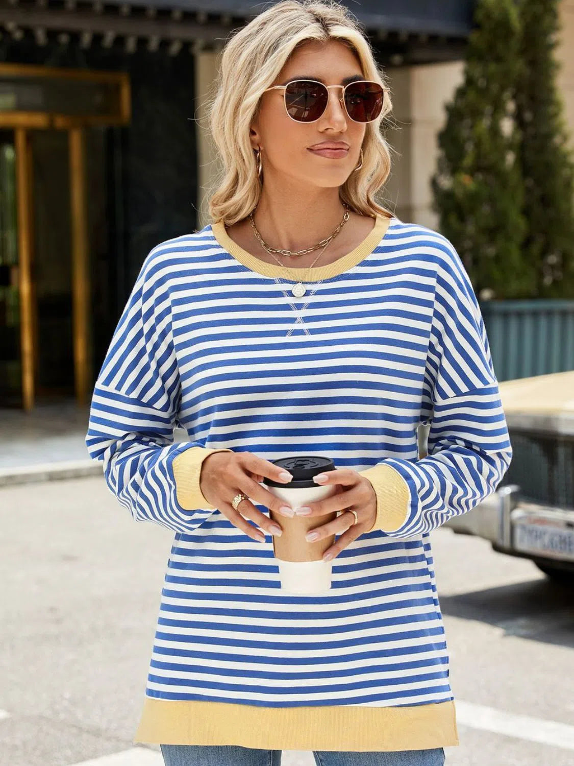 Slit Striped Round Neck Sweatshirt – Stylish & Comfortable, [Evelyns Fashion]