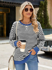 Slit Striped Round Neck Sweatshirt – Stylish & Comfortable, [Evelyns Fashion]