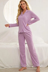 Contrast Piping Button-Down Loungewear Set – Chic & Cozy, [Evelyns Fashion]