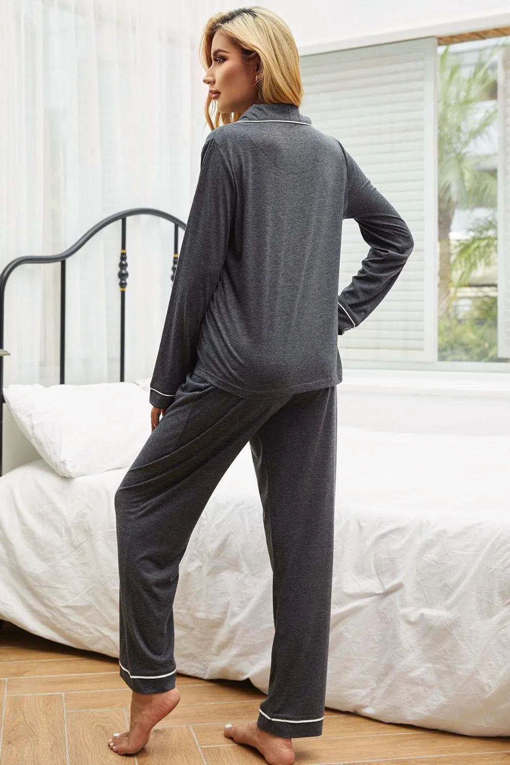 Contrast Piping Button-Down Loungewear Set – Chic & Cozy, [Evelyns Fashion]