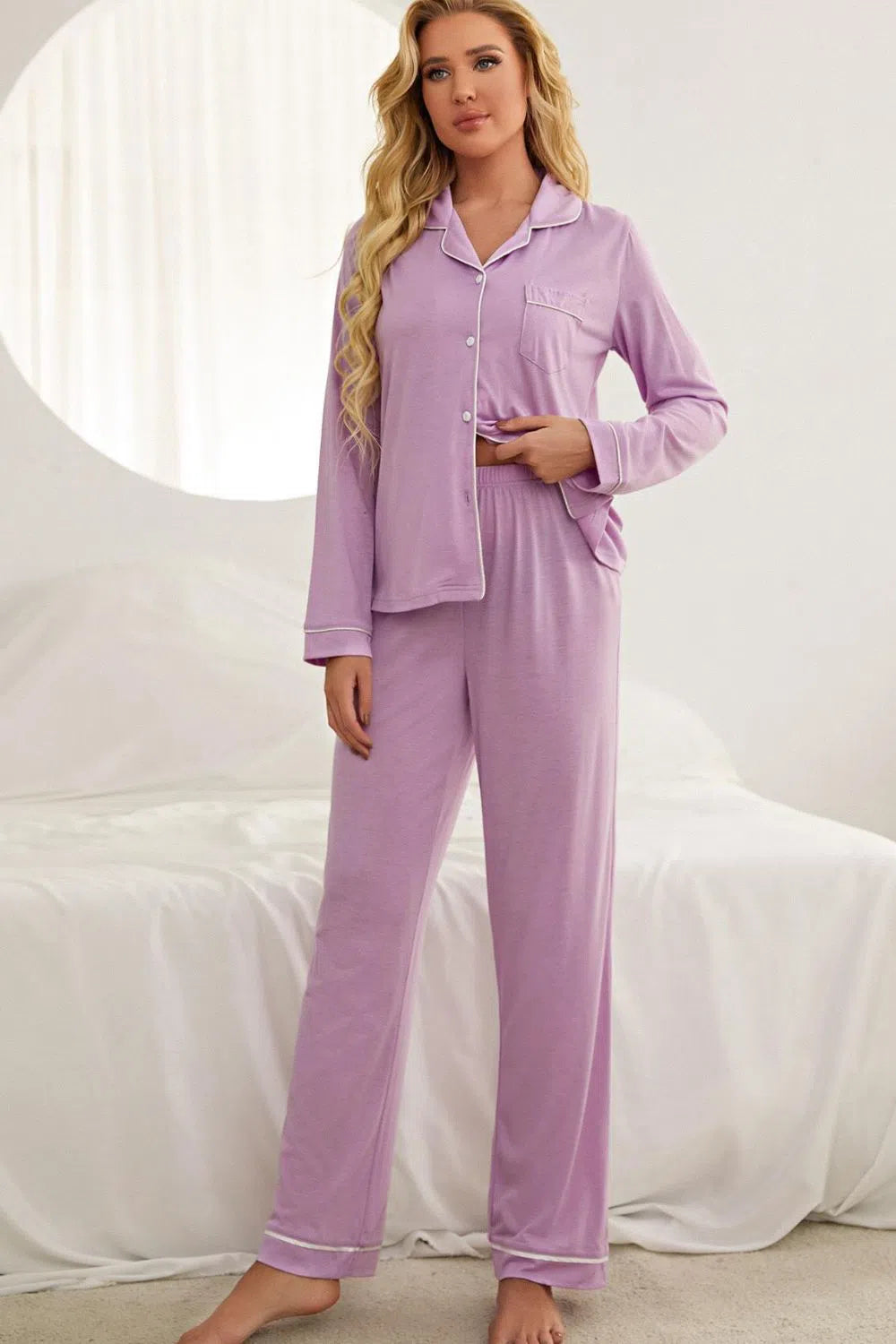 Contrast Piping Button-Down Loungewear Set – Chic & Cozy, [Evelyns Fashion]