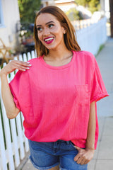 Be Bold Coral Crinkle Texture Pocketed Dolman Top – Relaxed & Chic, [Evelyns Fashion]