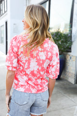 Coral Wavy Rib Floral Top – Puff Sleeve Spring Vibes, [Evelyns Fashion]