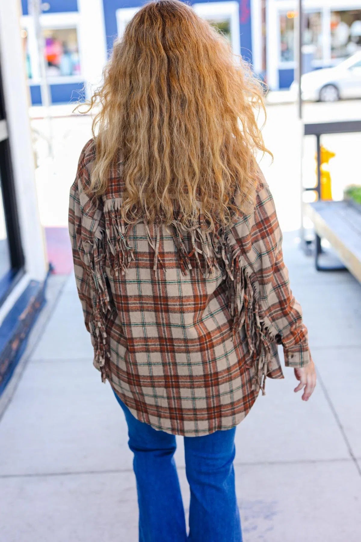 Taupe & Rust Fringed Plaid Jacket – Chic & Cozy Style, [Evelyns Fashion]