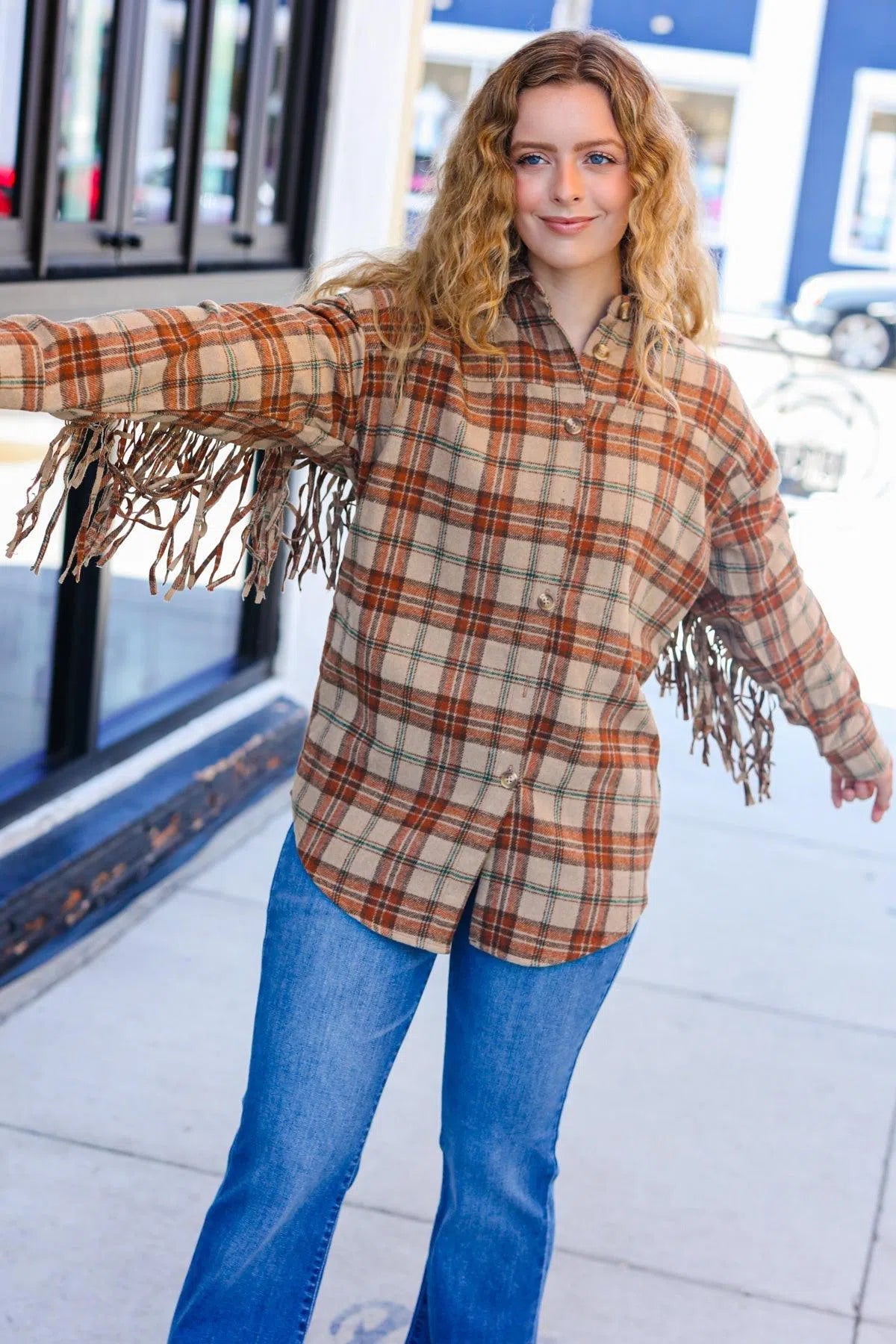 Taupe & Rust Fringed Plaid Jacket – Chic & Cozy Style, [Evelyns Fashion]