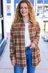 Taupe & Rust Fringed Plaid Jacket – Chic & Cozy Style, [Evelyns Fashion]