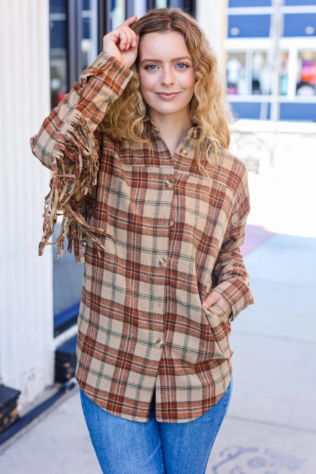 Taupe & Rust Fringed Plaid Jacket – Chic & Cozy Style, [Evelyns Fashion]