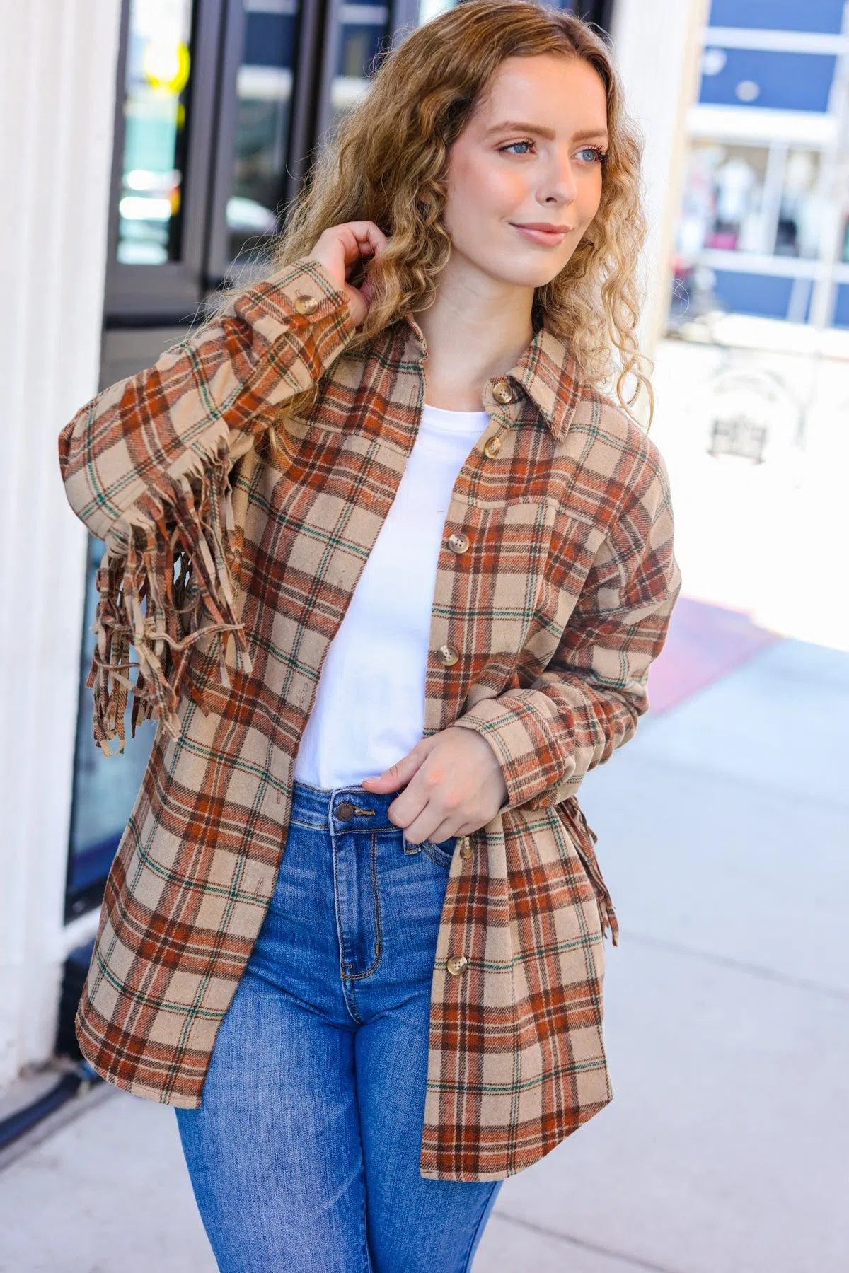 Taupe & Rust Fringed Plaid Jacket – Chic & Cozy Style, [Evelyns Fashion]