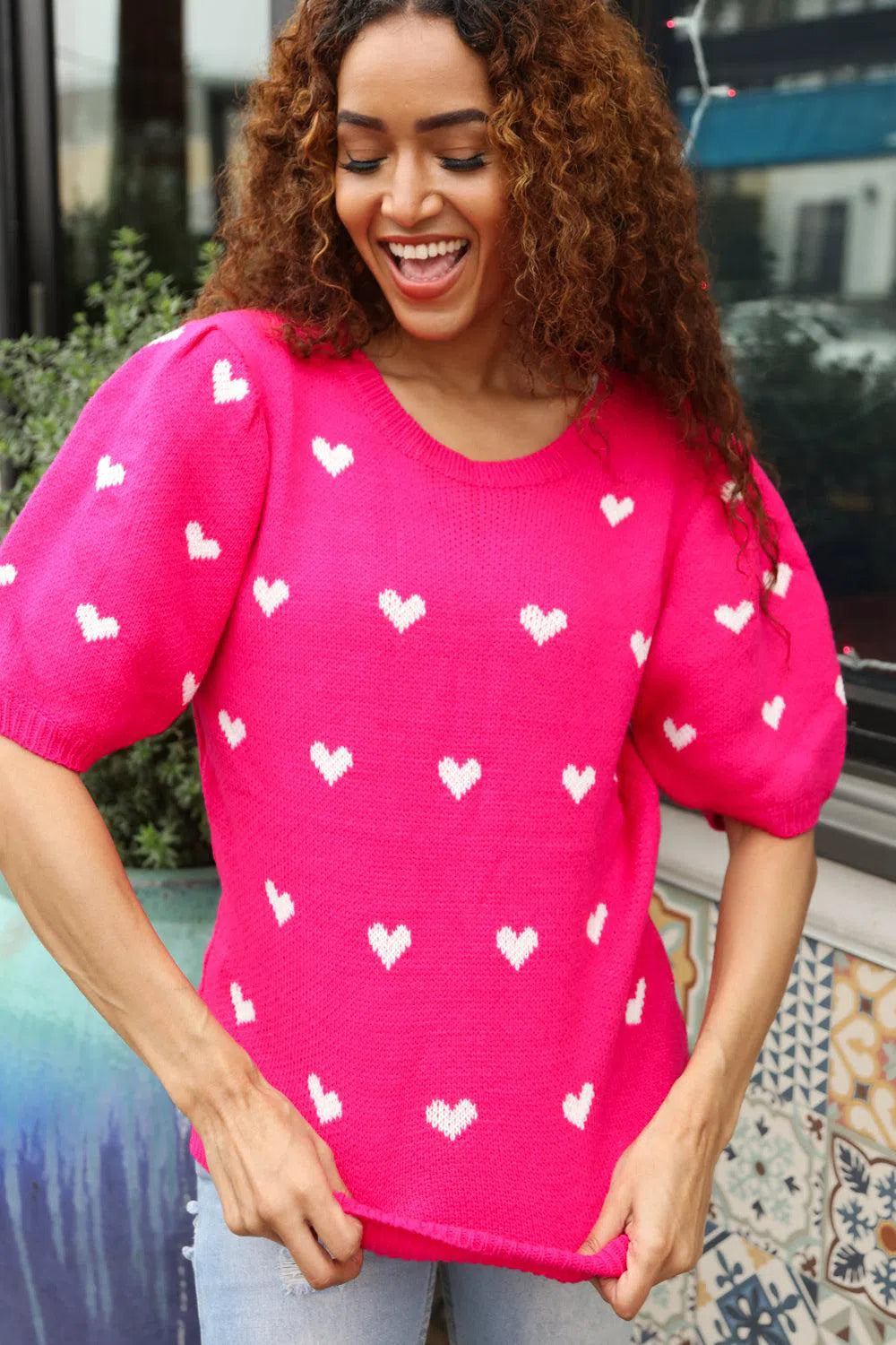 Pink & White Heart Sweater – Cozy & Adorable Knitwear, [Evelyns Fashion]