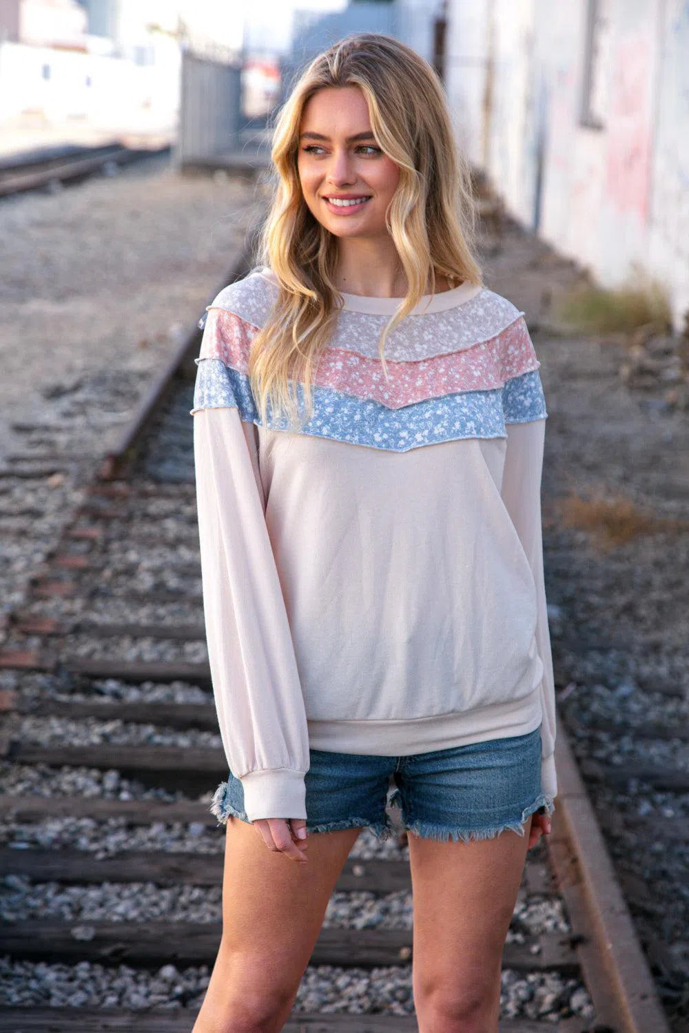 Taupe & Sky Blue Thermal Knit Pullover – Cozy & Stylish, [Evelyns Fashion]