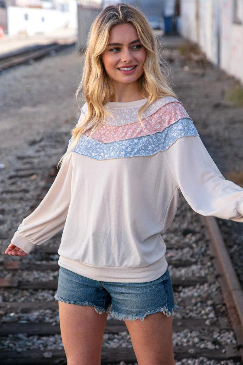 Taupe & Sky Blue Thermal Knit Pullover – Cozy & Stylish, [Evelyns Fashion]