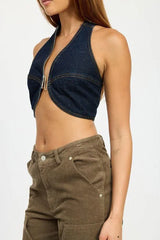 Cropped Halter Denim Top | Trendy & Versatile, [Evelyns Fashion]