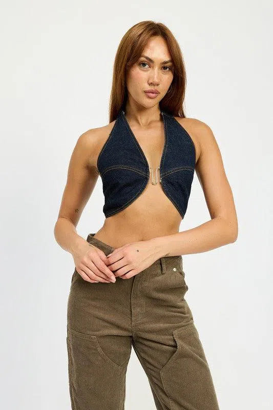 Cropped Halter Denim Top | Trendy & Versatile, [Evelyns Fashion]