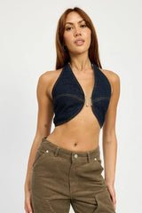 Cropped Halter Denim Top | Trendy & Versatile, [Evelyns Fashion]