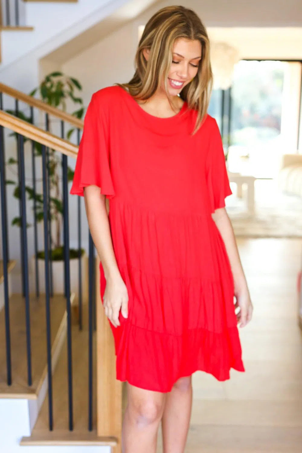 Red Woven Panel Tiered Flutter Sleeve Dress – Bold & Elegant, [Evelyns Fashion]