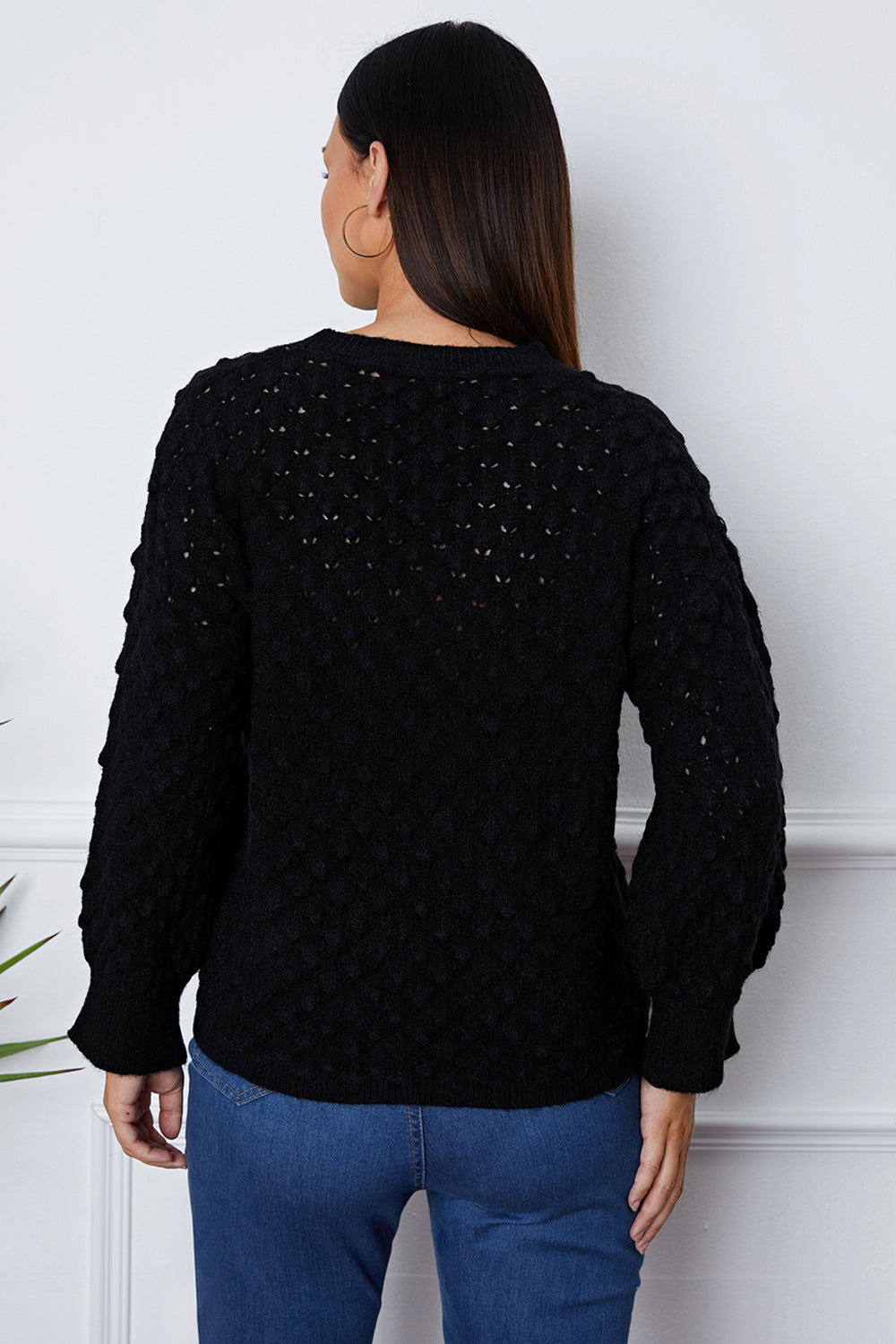 Shiny Openwork Round Neck Long Sleeve Sweater