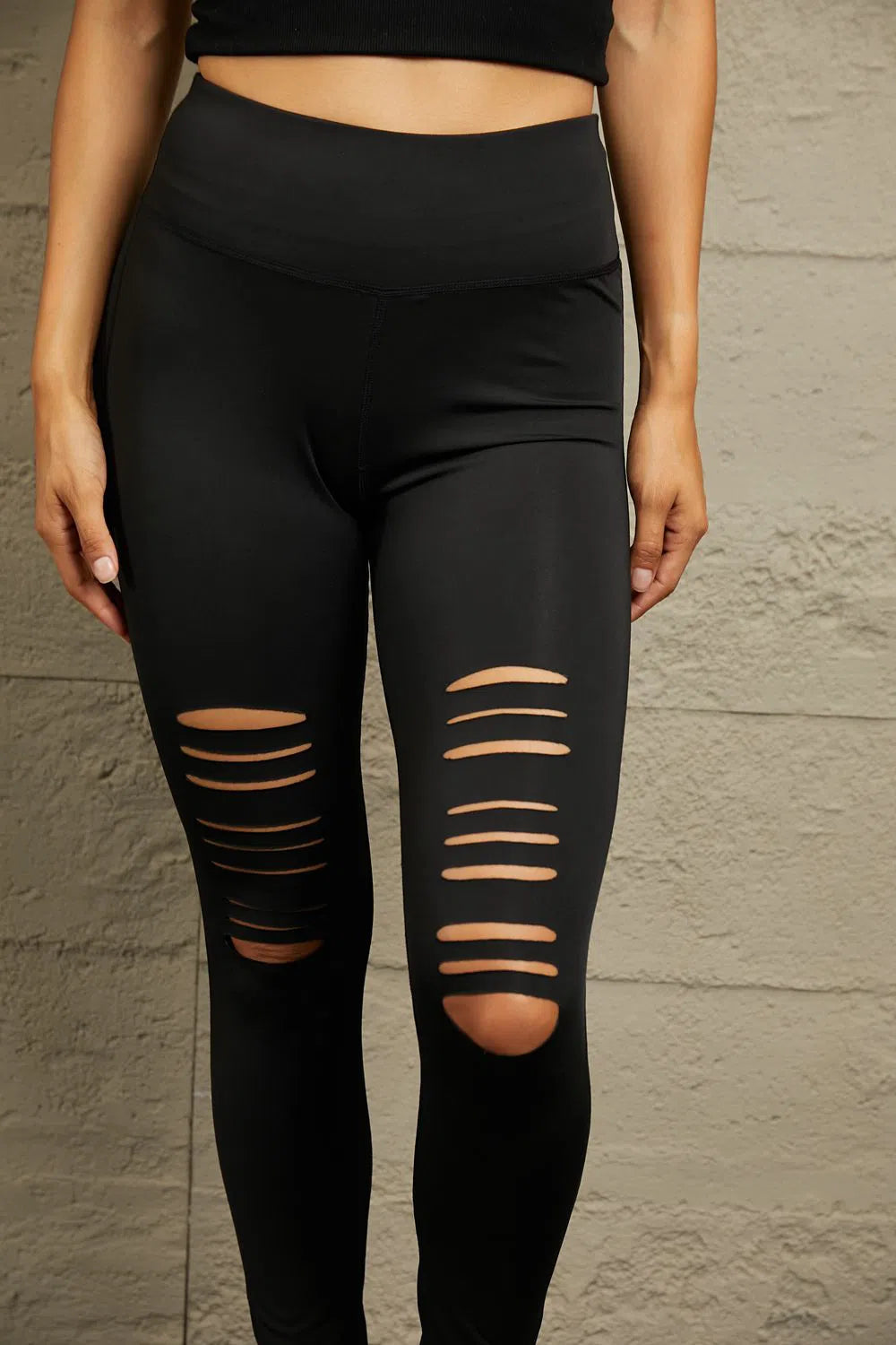 Distressed Slim Fit Leggings – Edgy & Comfortable Style, [Evelyns Fashion]