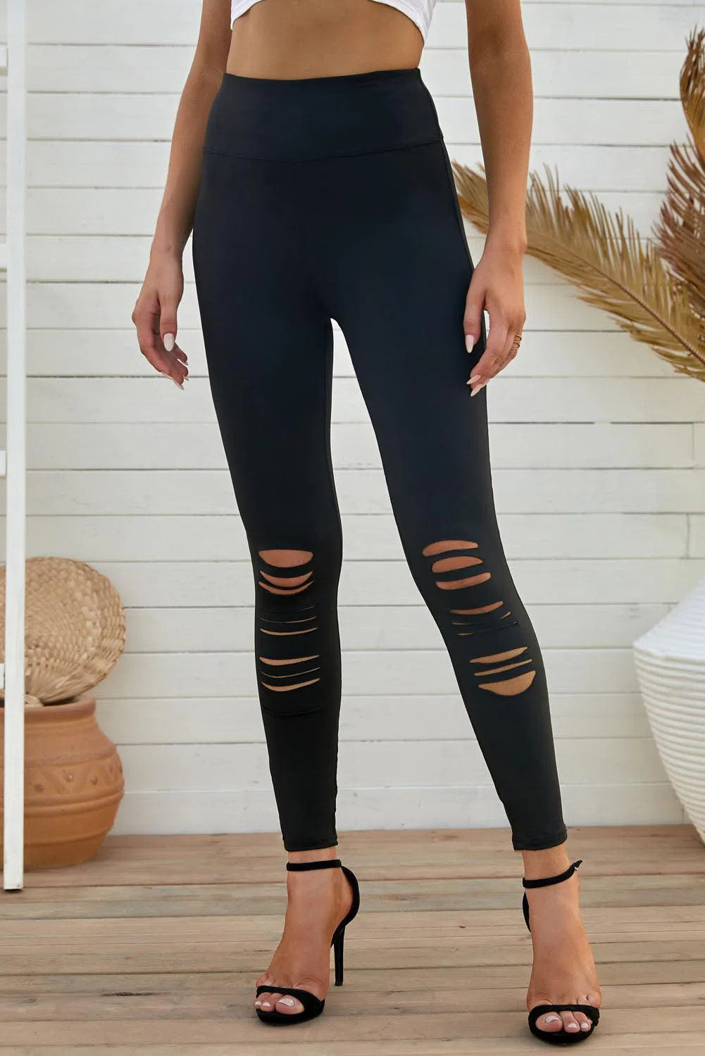 Distressed Slim Fit Leggings – Edgy & Comfortable Style, [Evelyns Fashion]