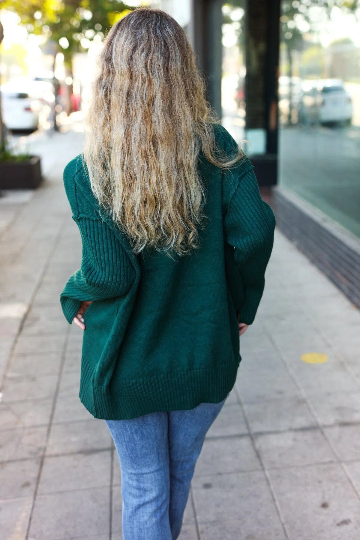 Hunter Green Rib Knit Oversized V-Neck Sweater – Cozy & Stylish, [Evelyns Fashion]