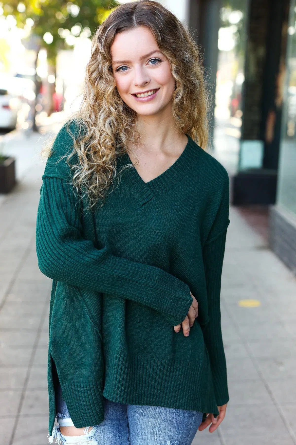 Hunter Green Rib Knit Oversized V-Neck Sweater – Cozy & Stylish, [Evelyns Fashion]