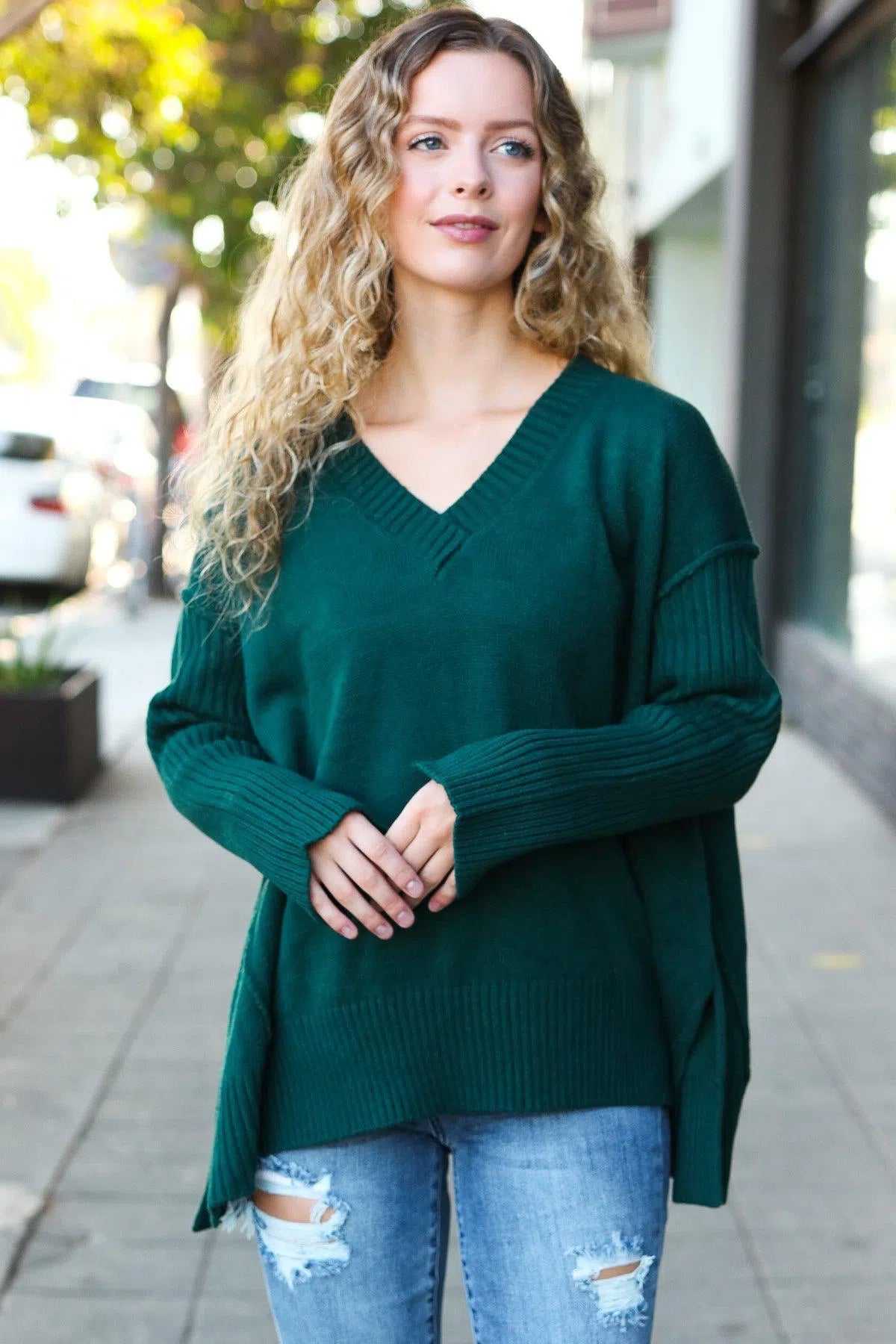 Hunter Green Rib Knit Oversized V-Neck Sweater – Cozy & Stylish, [Evelyns Fashion]