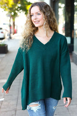 Hunter Green Rib Knit Oversized V-Neck Sweater – Cozy & Stylish, [Evelyns Fashion]