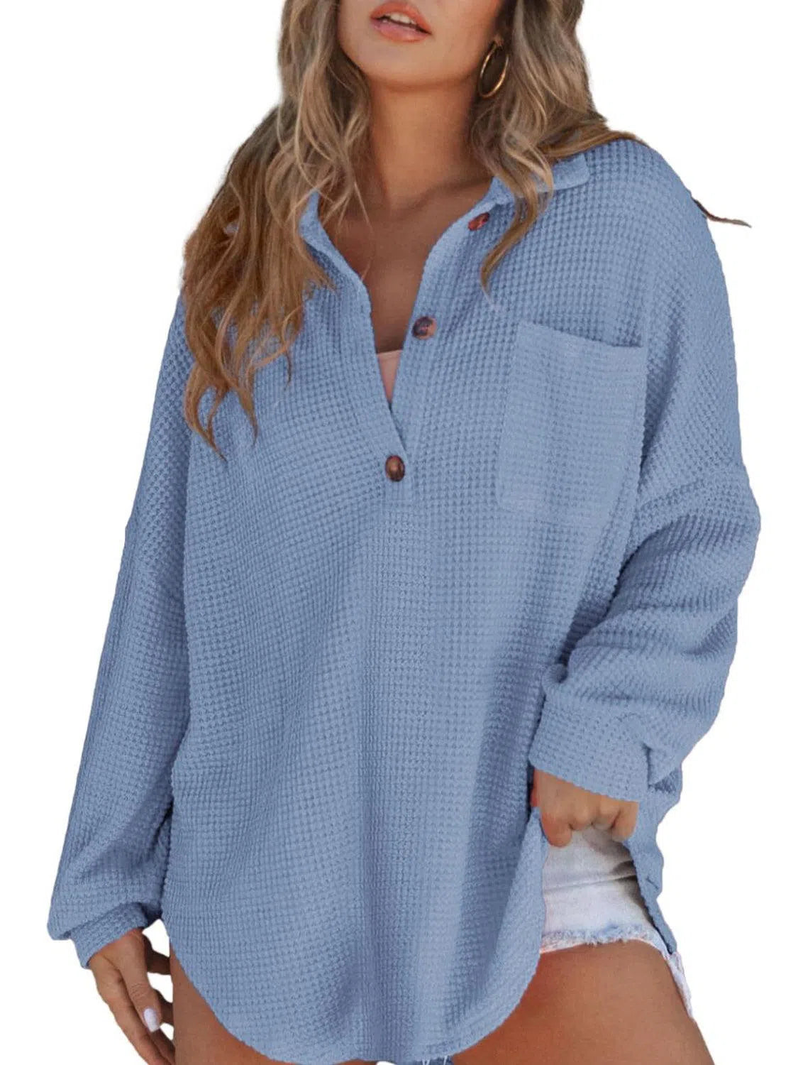 Waffle-Knit Dropped Shoulder Sweatshirt – Cozy & Stylish, [Evelyns Fashion]