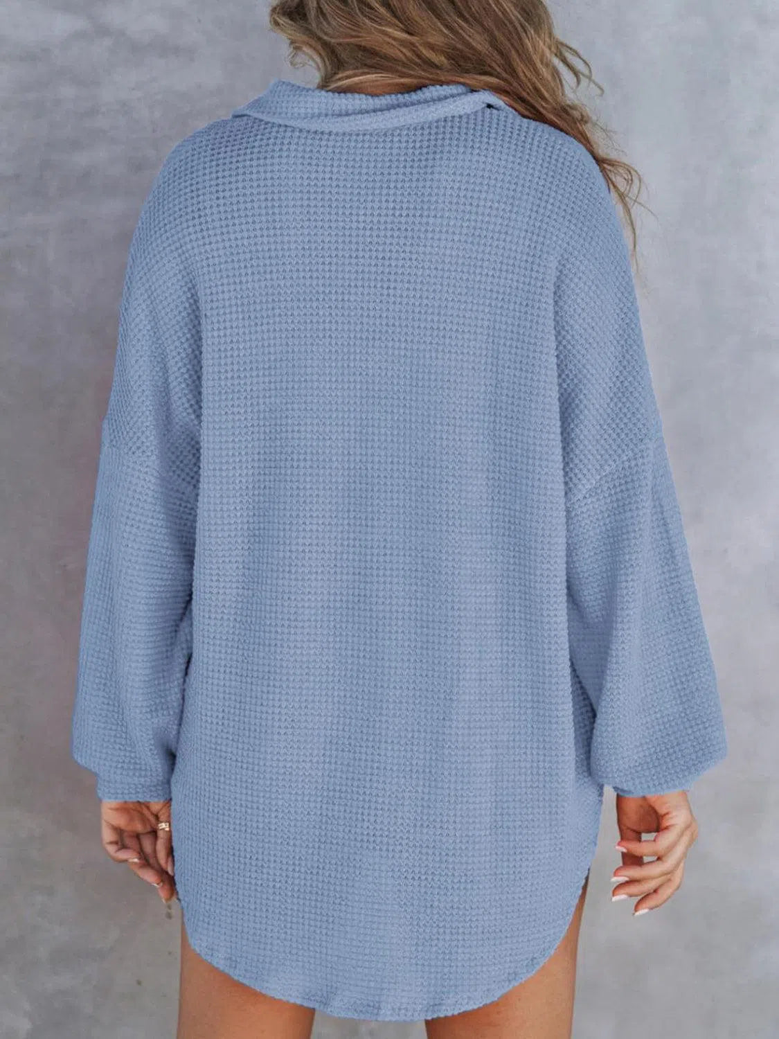 Waffle-Knit Dropped Shoulder Sweatshirt – Cozy & Stylish, [Evelyns Fashion]