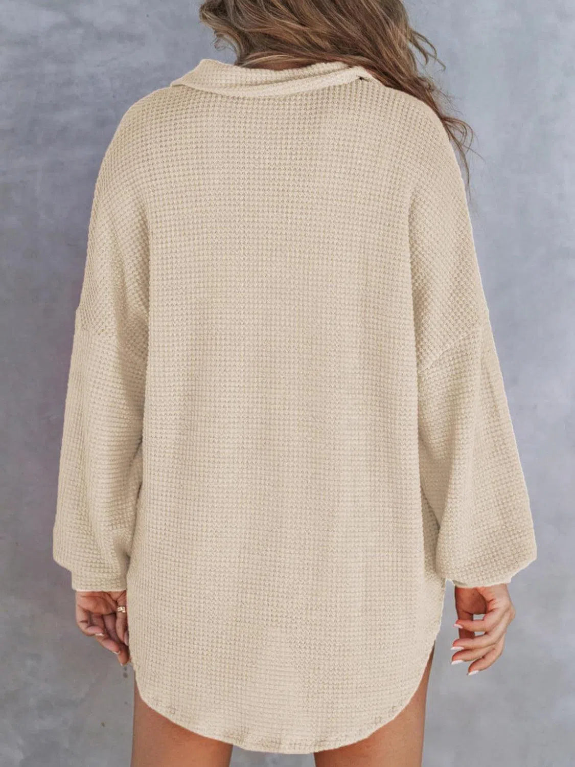 Waffle-Knit Dropped Shoulder Sweatshirt – Cozy & Stylish, [Evelyns Fashion]