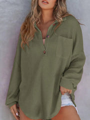 Waffle-Knit Dropped Shoulder Sweatshirt – Cozy & Stylish, [Evelyns Fashion]