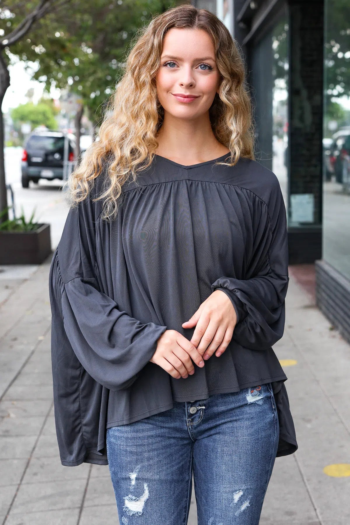 Casual Chic Charcoal V Neck Modal Knit Top – Soft & Stylish, [Evelyns Fashion]