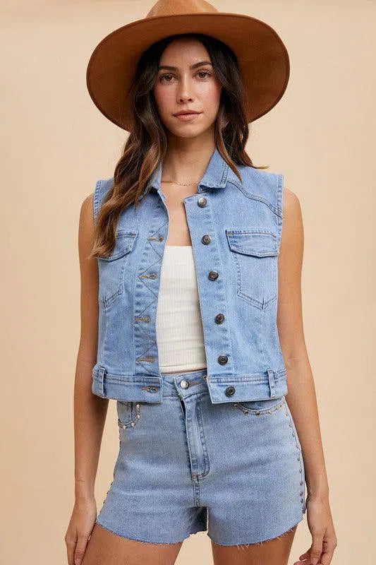 Button Down Denim Vest – Timeless & Versatile Layer, [Evelyns Fashion]