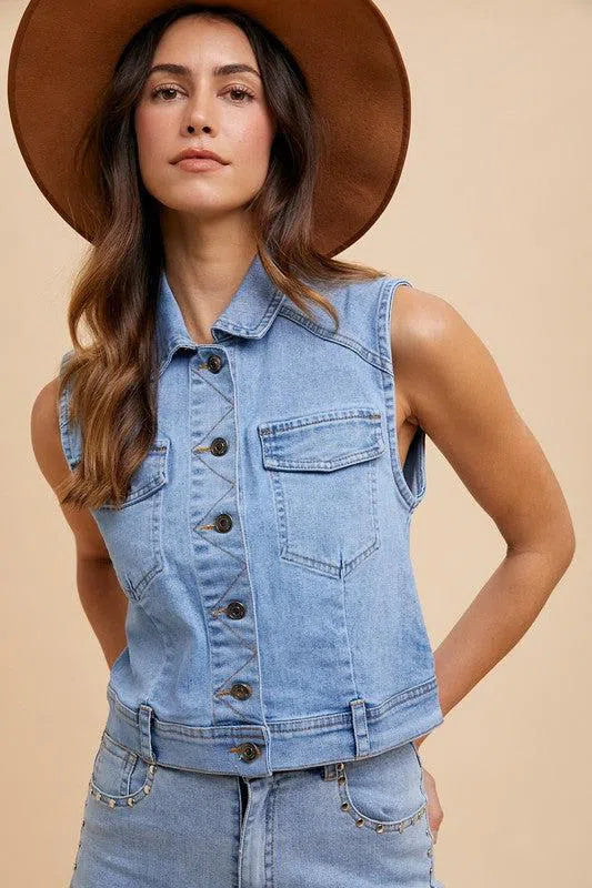 Button Down Denim Vest – Timeless & Versatile Layer, [Evelyns Fashion]